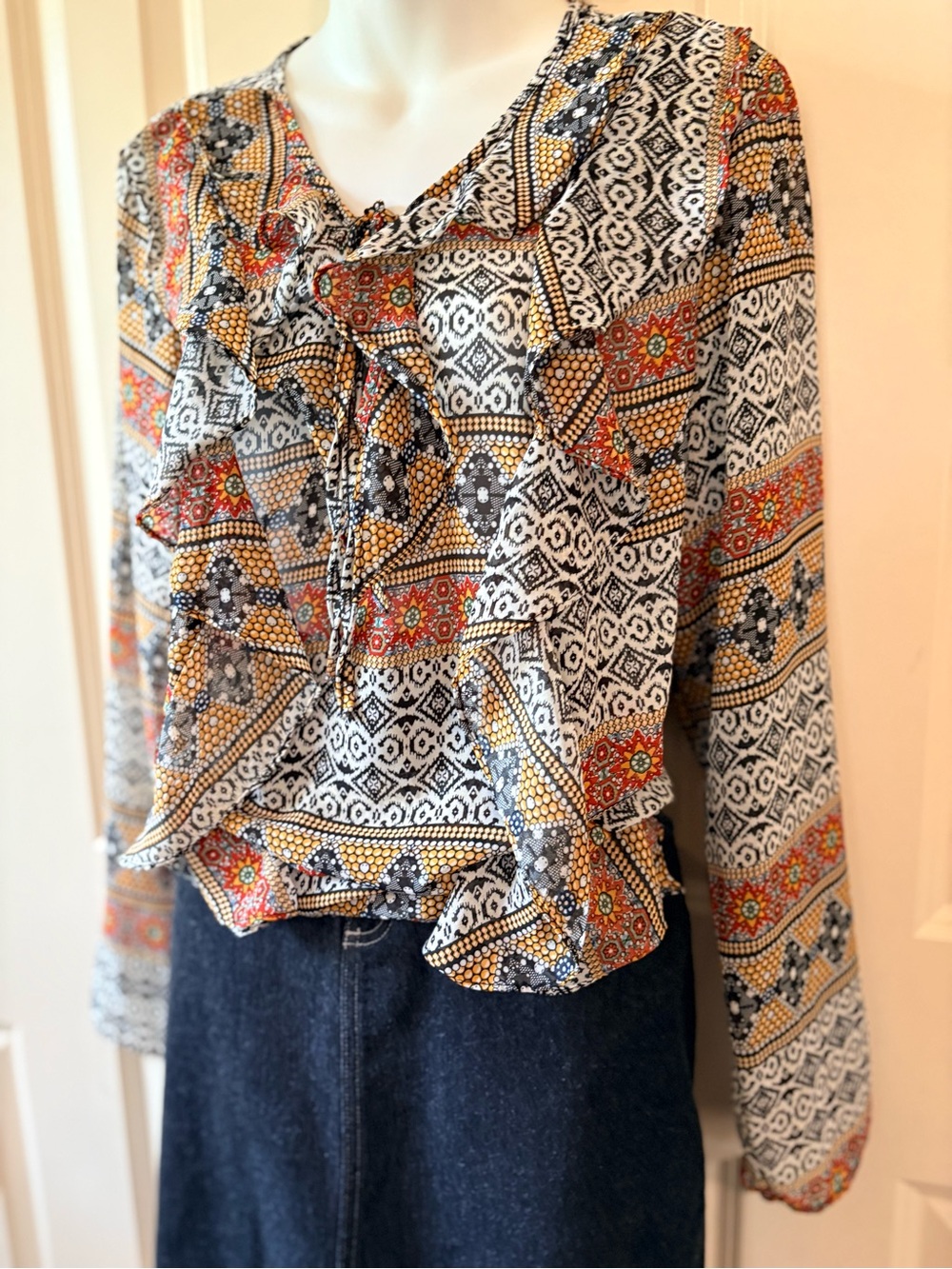 Boho Ruffle Tie-Neck Blouse in Multi-Color, size 14/16